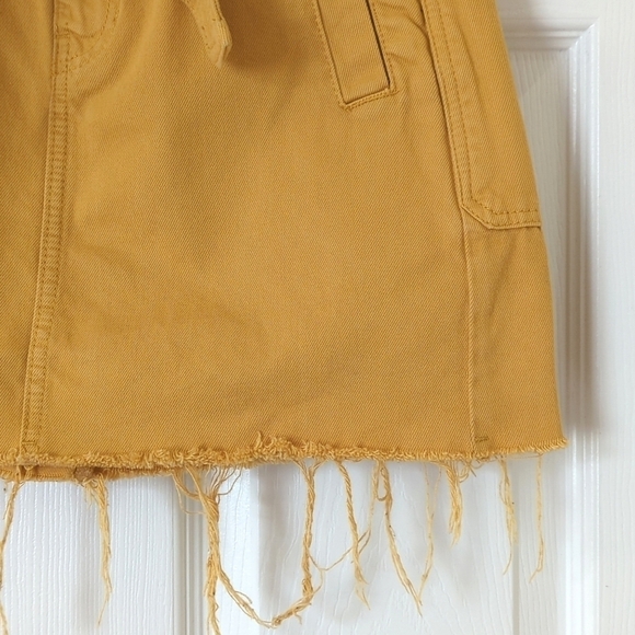 PacSun High Waisted Tie Belted Raw Hem A-Line Denim Mini Skirt Mustard Yellow 26 - Picture 10 of 13